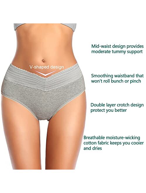 Annenmy Cotton Underwear for Women with Lace Waistband, Mid Rise Brief No Muffin Top Full Coverage Underwear for Women