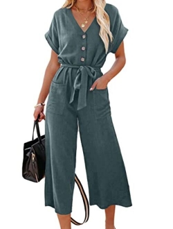 Acelitt Women Short Sleeve V Neck Button Belted Wide Leg Jumpsuits with Pockets, S-XXL