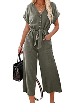 Acelitt Women Short Sleeve V Neck Button Belted Wide Leg Jumpsuits with Pockets, S-XXL