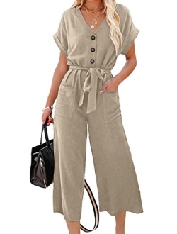 Acelitt Women Short Sleeve V Neck Button Belted Wide Leg Jumpsuits with Pockets, S-XXL