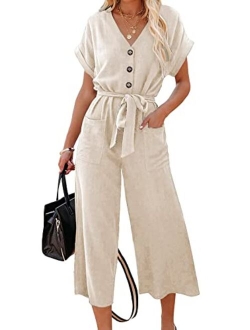 Acelitt Women Short Sleeve V Neck Button Belted Wide Leg Jumpsuits with Pockets, S-XXL