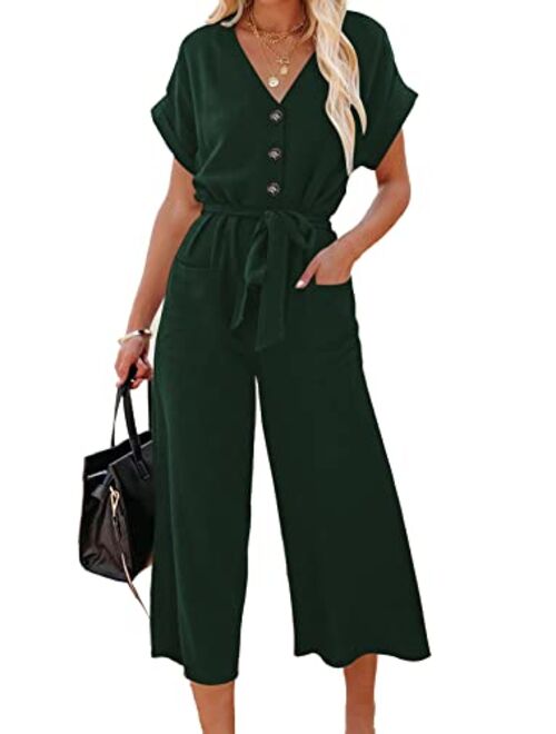 Acelitt Women Short Sleeve V Neck Button Belted Wide Leg Jumpsuits with Pockets, S-XXL