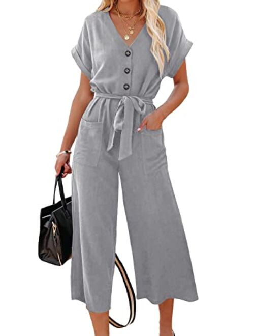 Acelitt Women Short Sleeve V Neck Button Belted Wide Leg Jumpsuits with Pockets, S-XXL