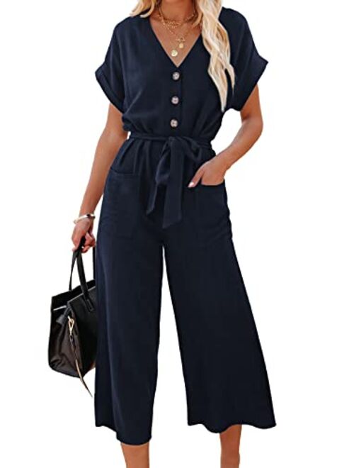 Acelitt Women Short Sleeve V Neck Button Belted Wide Leg Jumpsuits with Pockets, S-XXL