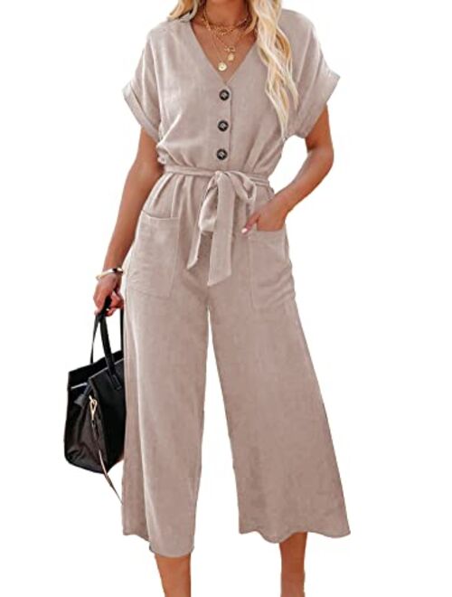 Acelitt Women Short Sleeve V Neck Button Belted Wide Leg Jumpsuits with Pockets, S-XXL