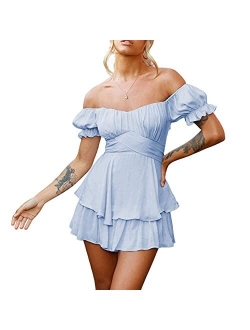 Fixmatti Women Boho Romper Off Shoulder Ruffle Chiffon Shorts Jumpsuit Playsuits