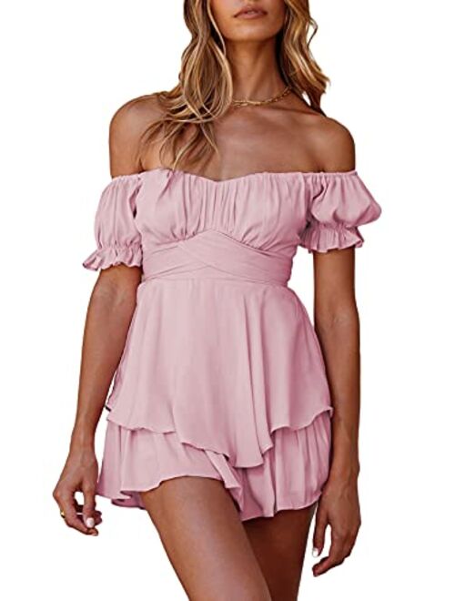 Fixmatti Women Boho Romper Off Shoulder Ruffle Chiffon Shorts Jumpsuit Playsuits