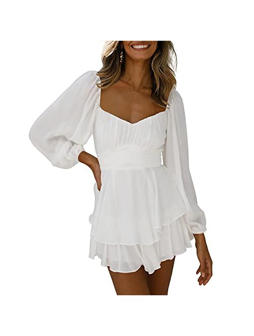 Fixmatti Women Boho Romper Off Shoulder Ruffle Chiffon Shorts Jumpsuit Playsuits