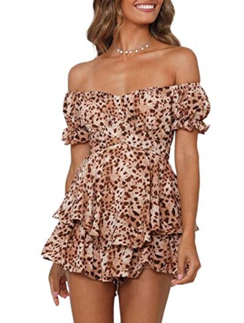 Fixmatti Women Boho Romper Off Shoulder Ruffle Chiffon Shorts Jumpsuit Playsuits