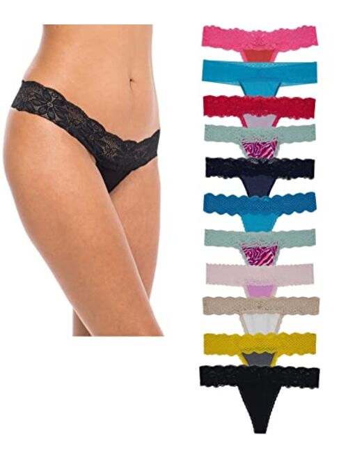 Sexy Basics Women's Thin Lace Hollowed Out T Back Low V Waisted Sexy Cheeky Thong | See Through Panties -Multi Packs