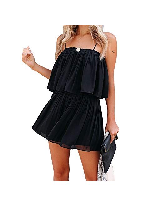 Exlura Womens Spaghetti Strap Pleated Short Jumpsuit Sleeveless Flowy Playsuit Rompers