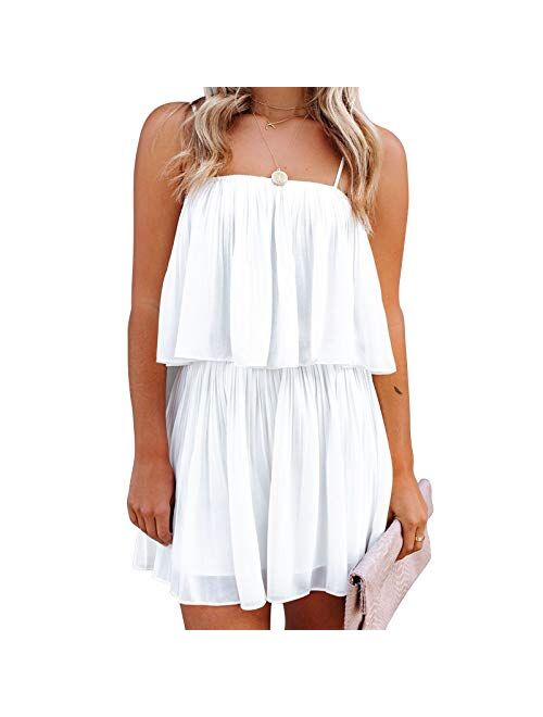 Exlura Womens Spaghetti Strap Pleated Short Jumpsuit Sleeveless Flowy Playsuit Rompers