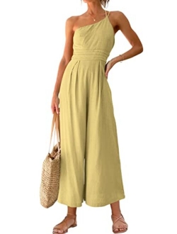 Women's Summer Straps One Shoulder Pleated High Waist Casual Wide Leg Jumpsuit Romper with Pockets