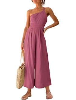 Women's Summer Straps One Shoulder Pleated High Waist Casual Wide Leg Jumpsuit Romper with Pockets