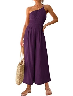 Women's Summer Straps One Shoulder Pleated High Waist Casual Wide Leg Jumpsuit Romper with Pockets