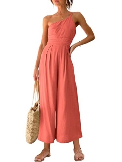 Women's Summer Straps One Shoulder Pleated High Waist Casual Wide Leg Jumpsuit Romper with Pockets