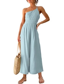 Women's Summer Straps One Shoulder Pleated High Waist Casual Wide Leg Jumpsuit Romper with Pockets