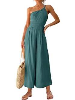 Women's Summer Straps One Shoulder Pleated High Waist Casual Wide Leg Jumpsuit Romper with Pockets