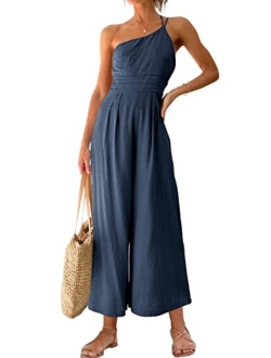 Women's Summer Straps One Shoulder Pleated High Waist Casual Wide Leg Jumpsuit Romper with Pockets