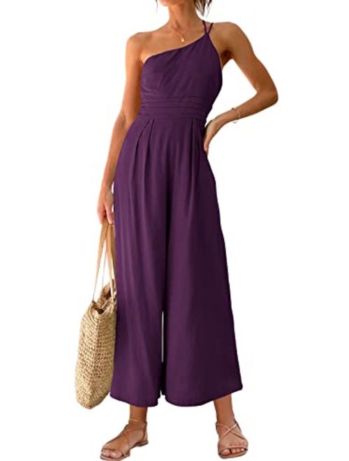 ANRABESS Women's Summer Straps One Shoulder Pleated High Waist Casual Wide Leg Jumpsuit Romper with Pockets