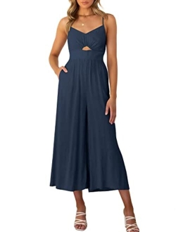 Women's Summer Spaghetti Straps V Neck Cutout Smocked High Waist Wide leg Jumpsuits Rompers with Pockets