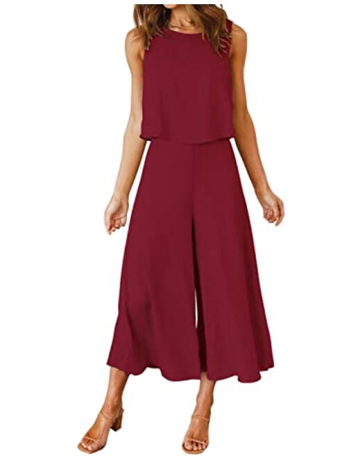 ROYLAMP Women's Summer 2 Piece Outfits Round Neck Crop Basic Top Cropped Wide Leg Pants Set Jumpsuits