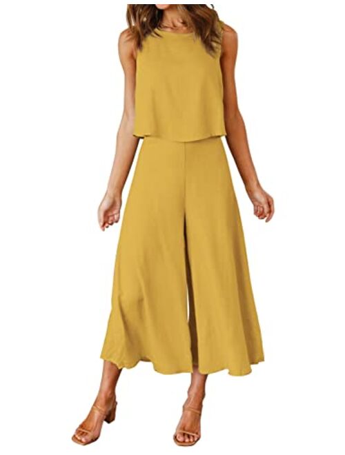 ROYLAMP Women's Summer 2 Piece Outfits Round Neck Crop Basic Top Cropped Wide Leg Pants Set Jumpsuits