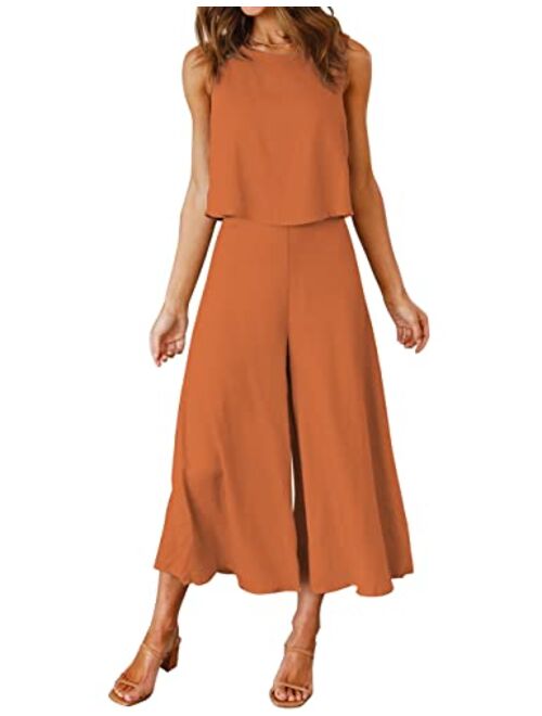 ROYLAMP Women's Summer 2 Piece Outfits Round Neck Crop Basic Top Cropped Wide Leg Pants Set Jumpsuits