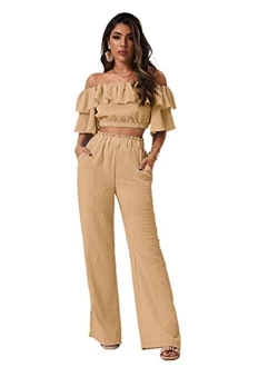 Women's 2 Piece Outfit Off The Shoulder Crop Top Wide Leg Pants Set