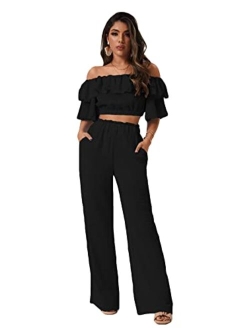 Women's 2 Piece Outfit Off The Shoulder Crop Top Wide Leg Pants Set