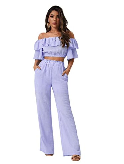 Romwe Women's 2 Piece Outfit Off The Shoulder Crop Top Wide Leg Pants Set