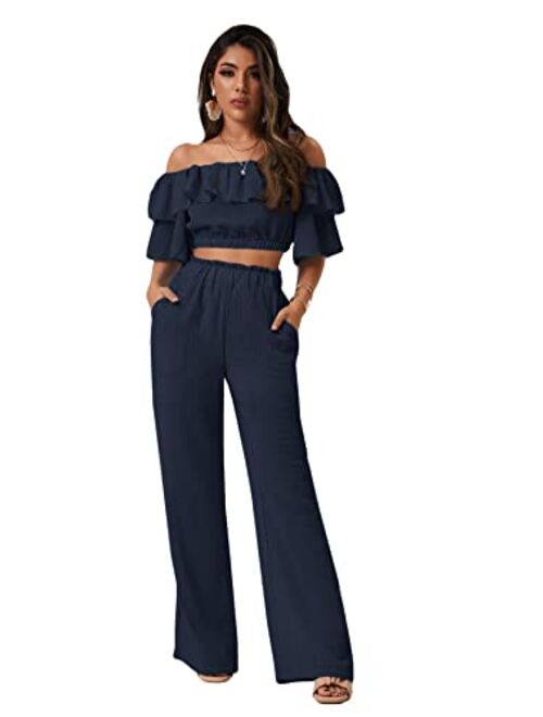 Romwe Women's 2 Piece Outfit Off The Shoulder Crop Top Wide Leg Pants Set