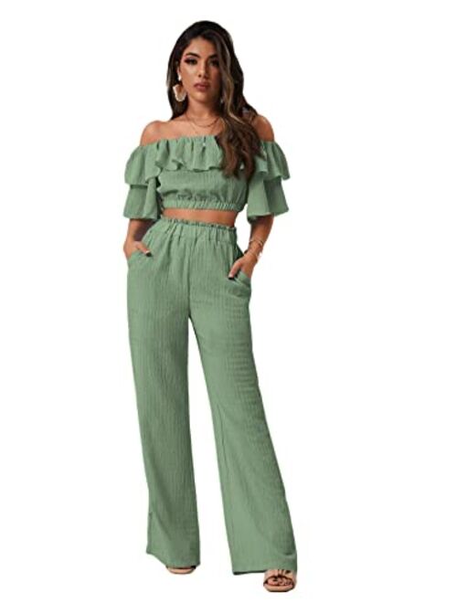 Romwe Women's 2 Piece Outfit Off The Shoulder Crop Top Wide Leg Pants Set