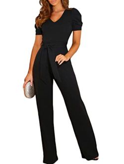 BLENCOT Womens Jumpsuit Short Sleeve Casual v Neck Belted Wide Leg Formal Rompers Jumpsuits S-XL