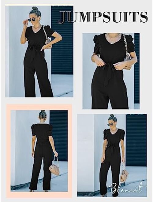 BLENCOT Womens Jumpsuit Short Sleeve Casual v Neck Belted Wide Leg Formal Rompers Jumpsuits S-XL