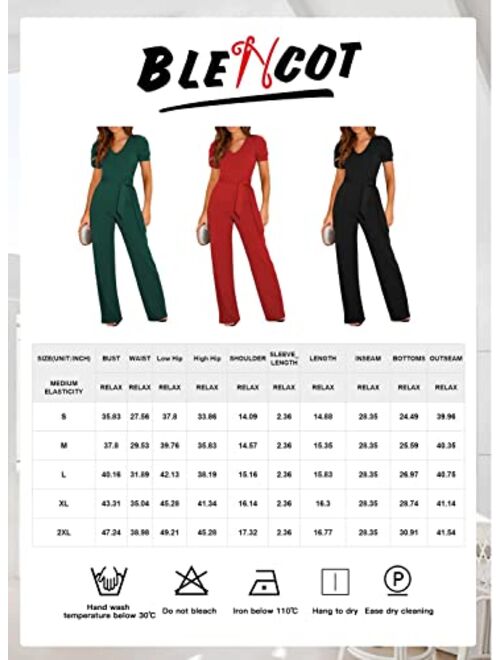 BLENCOT Womens Jumpsuit Short Sleeve Casual v Neck Belted Wide Leg Formal Rompers Jumpsuits S-XL