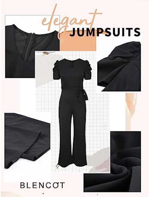 BLENCOT Womens Jumpsuit Short Sleeve Casual v Neck Belted Wide Leg Formal Rompers Jumpsuits S-XL