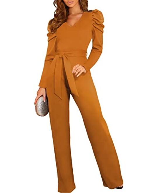 BLENCOT Womens Jumpsuit Short Sleeve Casual v Neck Belted Wide Leg Formal Rompers Jumpsuits S-XL