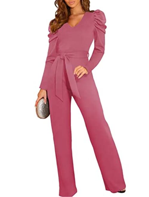 BLENCOT Womens Jumpsuit Short Sleeve Casual v Neck Belted Wide Leg Formal Rompers Jumpsuits S-XL