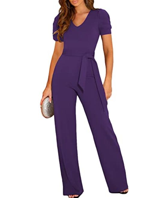 BLENCOT Womens Jumpsuit Short Sleeve Casual v Neck Belted Wide Leg Formal Rompers Jumpsuits S-XL