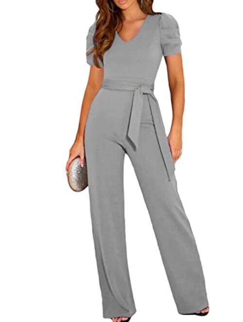 BLENCOT Womens Jumpsuit Short Sleeve Casual v Neck Belted Wide Leg Formal Rompers Jumpsuits S-XL