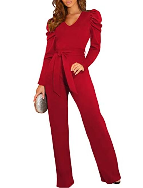 BLENCOT Womens Jumpsuit Short Sleeve Casual v Neck Belted Wide Leg Formal Rompers Jumpsuits S-XL