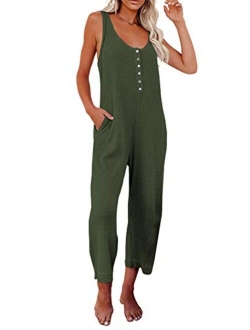 Happy Sailed Women's Casual Sleeveless Front Button Loose Jumpsuits Stretchy Long Pants Romper with Pockets