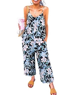 Happy Sailed Women's Casual Sleeveless Front Button Loose Jumpsuits Stretchy Long Pants Romper with Pockets