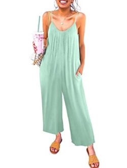 Happy Sailed Women's Casual Sleeveless Front Button Loose Jumpsuits Stretchy Long Pants Romper with Pockets