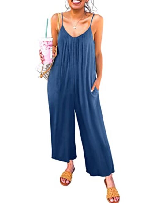 Happy Sailed Women's Casual Sleeveless Front Button Loose Jumpsuits Stretchy Long Pants Romper with Pockets