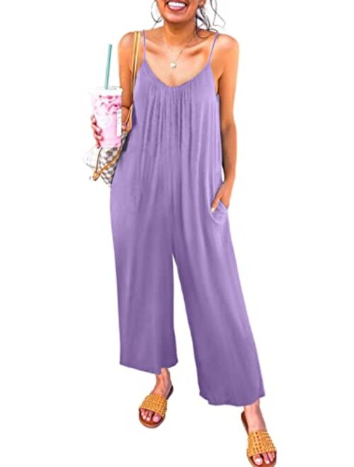 Happy Sailed Women's Casual Sleeveless Front Button Loose Jumpsuits Stretchy Long Pants Romper with Pockets