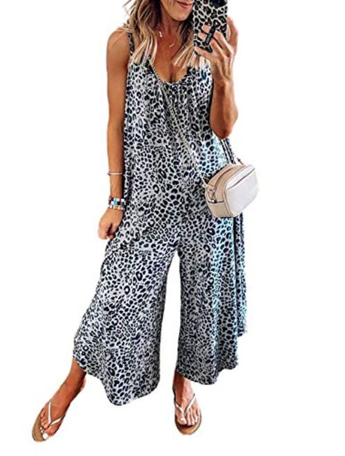 Happy Sailed Women's Casual Sleeveless Front Button Loose Jumpsuits Stretchy Long Pants Romper with Pockets