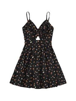 Women's Floral Print V Neck Cut Out Spaghetti Straps Sleeveless Mini Dress