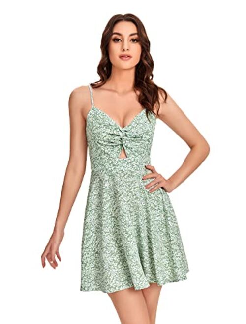 SheIn Women's Floral Print V Neck Cut Out Spaghetti Straps Sleeveless Mini Dress